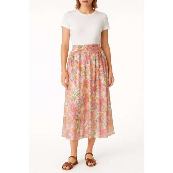 Buru Floral Maxi Skirt XS Smocked Waist Multicolor Lined Long Skirt - Picture 1 of 6
